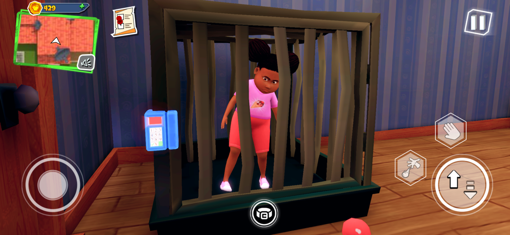 Juego en primera persona mostrando a un personaje atrapado en una jaula de madera con una cerradura de teclado azul en Dark Riddle 2 Mars