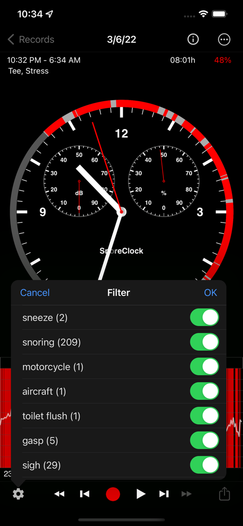 SnoreClock - Do you snore? - Capture d'écran de l'analyse sonore du sommeil de l'application SnoreClock avec des filtres pour les ronflements, les halètements et les bruits ambiants