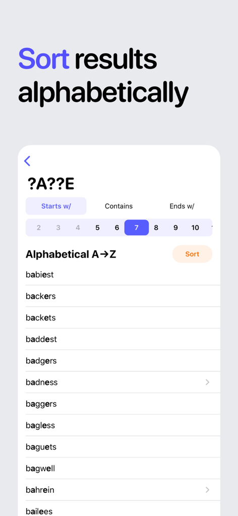 Alphabetical list of seven letter words in the Word and Anagram Finder app