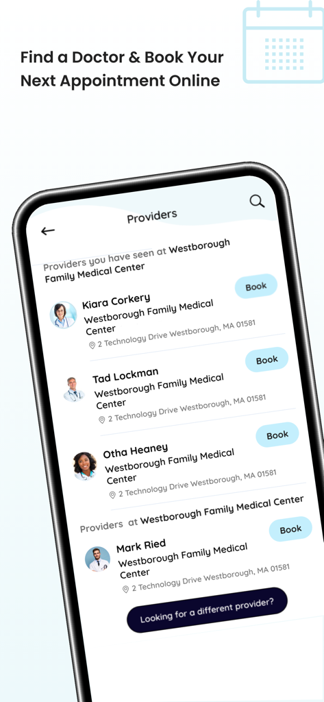 Healow app screen showing healthcare provider list and online booking buttons