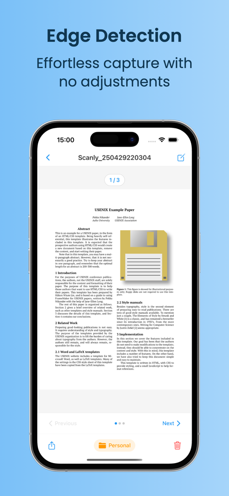 Scanly: PDF Scanner - Scanly app interface showing a high-quality document scan with automatic edge detection on an iPhone