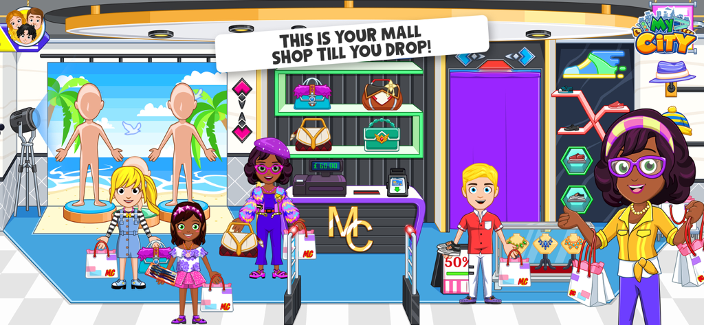 My City: Shopping Mall Fun - Characters shopping for bags and clothes in a colorful mall boutique