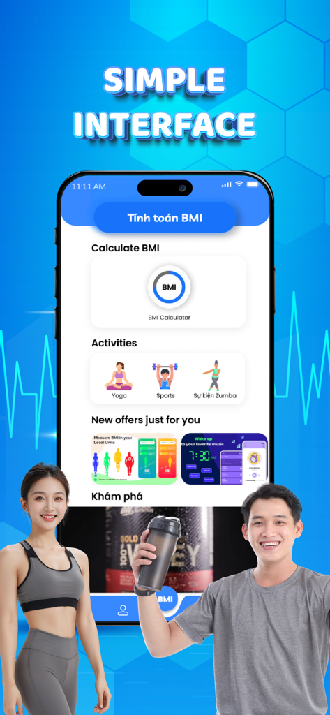 Benutzeroberfläche der Weight Watchers Waage App mit BMI-Rechner und Fitness-Aktivitäts-Tracking