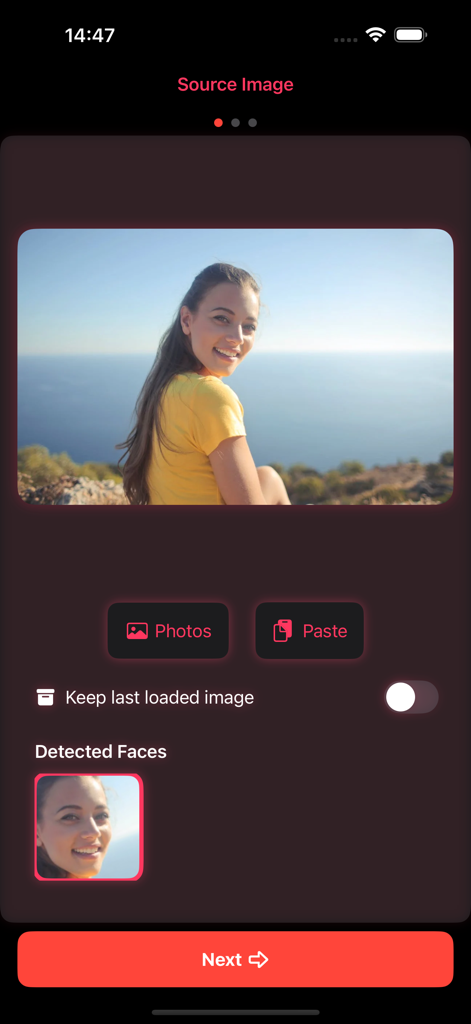 ReFaceX - ReFaceX App-Oberfläche zur Auswahl eines Quellbilds und zur Erkennung von Gesichtern