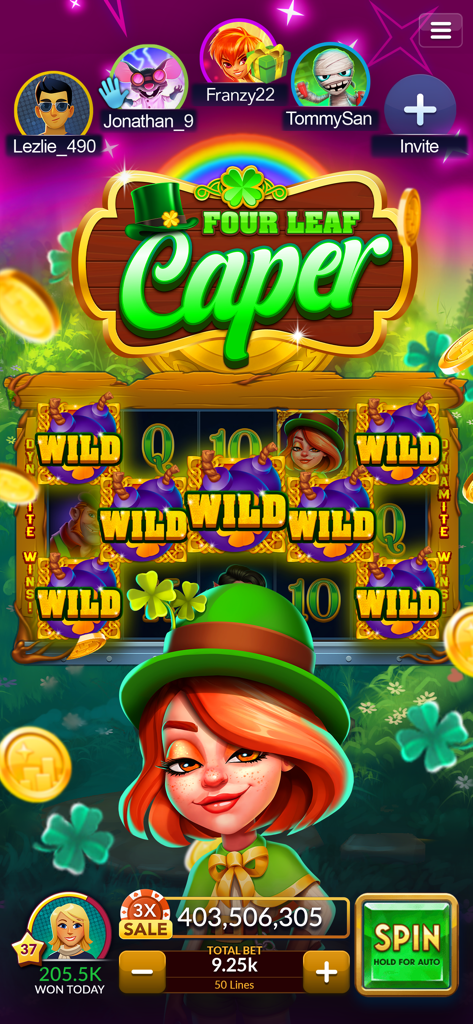 Jackpot Magic Slots Four Leaf Caper game screen with leprechaun theme and wild symbols