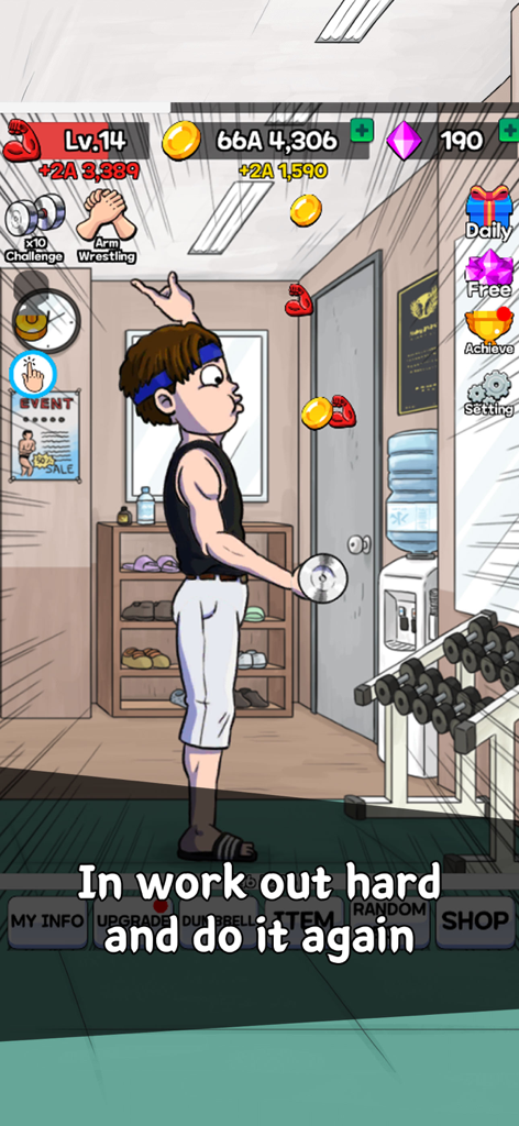 Arm Wrestling Clicker - Cartoon character lifting dumbbells in the Arm Wrestling Clicker mobile game.