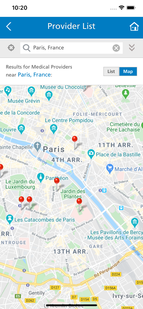 MetLife Worldwide Benefits - メットライフ・ワールドワイド・ベネフィッツアプリが、パリの地図上に医療機関の場所を表示しています。