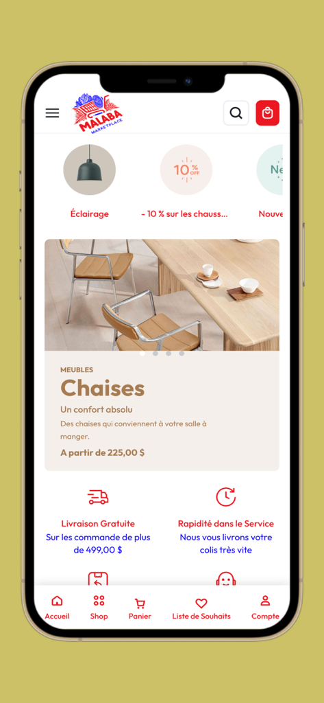 Malaba Marketplace - Malaba Marketplace app home screen featuring furniture categories and promotional banners in French.