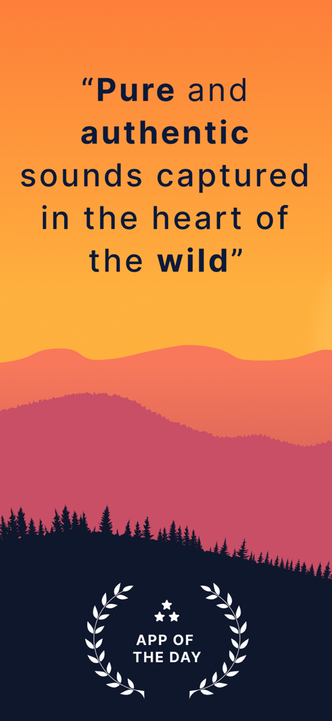 Insignia del premio "App del Día" de Pure Nature 3D Soundscapes sobre un fondo de atardecer en la montaña