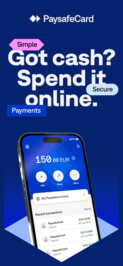 PaysafeCard - prepaid payments - PaysafeCardアプリでデジタルウォレットの残高とオンラインでの現金支出オプションが表示されている様子