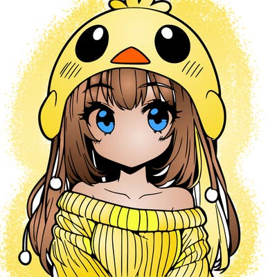 anime girl with chick shaped hat with sweater with bare shoulders with bangs covering them one eye with low tail