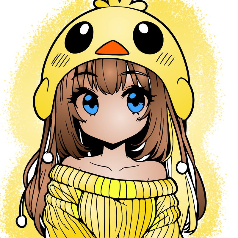 anime girl with chick shaped hat with sweater with bare shoulders with bangs covering them one eye with low tail