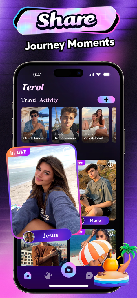 Interfaz de la aplicación Terol que muestra transmisiones de video de viajes en vivo y momentos de viajes sociales