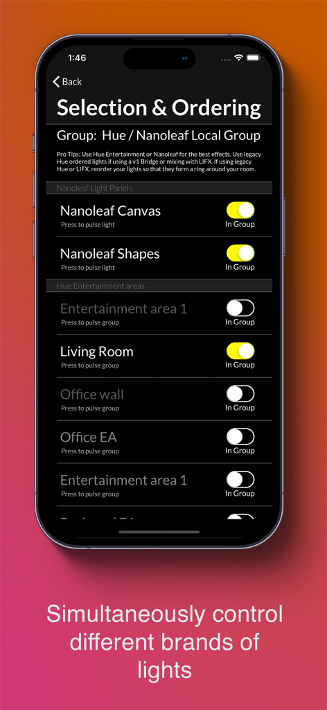 Light DJ Pro for Smart Lights - Selection and ordering screen in Light DJ Pro for controlling multiple brands of smart lights