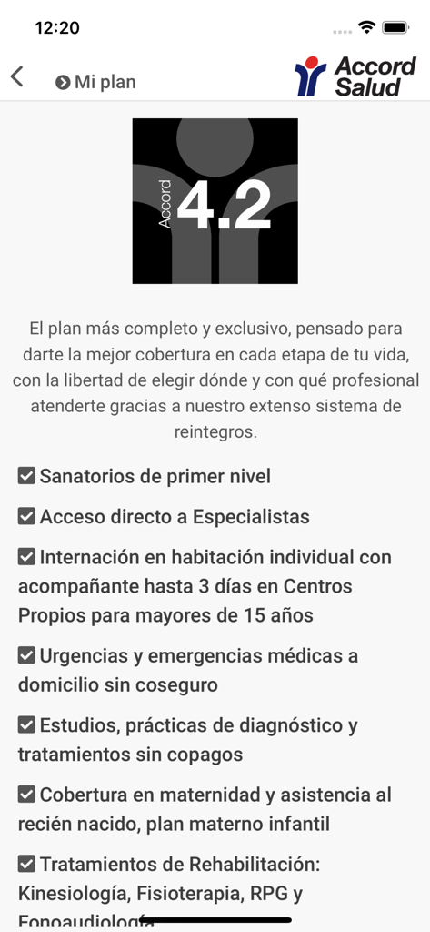 Accord salud - Pantalla de la app Accord Salud mostrando las características y beneficios del plan de salud 4.2