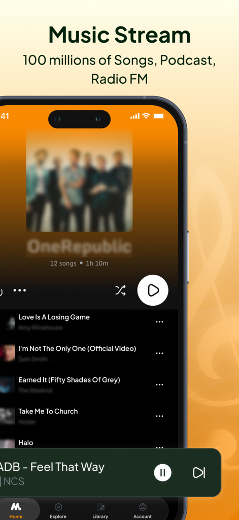 Interface de l'application Music X Streaming Pro montrant un lecteur de musique avec une liste de chansons et la pochette de l'album.