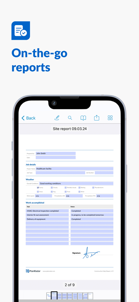 PlanRadar Construction Manager - Smartphone screen showing a digital construction site report in the PlanRadar app with project details and a digital signature