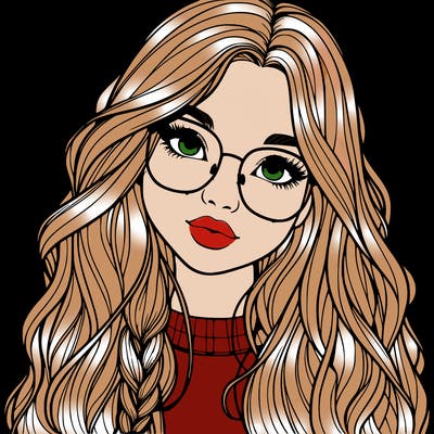 girl with long hair and freckles and glasses realistic