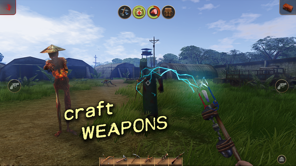 Radiation Island - A player uses a crafted electric weapon against a zombie in the open world of Radiation Island.