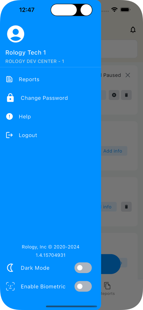 Rology - Menú lateral de la aplicación móvil Rology que muestra el perfil del usuario, los informes y la configuración de seguridad, como el inicio de sesión biométrico.