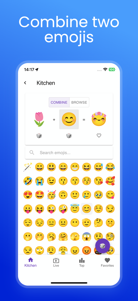 두 개의 이모티콘을 고유한 맞춤 스티커로 결합하는 주방 기능을 보여주는 Emoji Studio 앱의 인터페이스