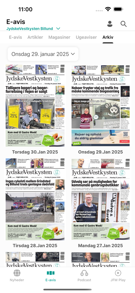 Der Archivbildschirm der JydskeVestkysten-App mit früheren digitalen Zeitungsausgaben.