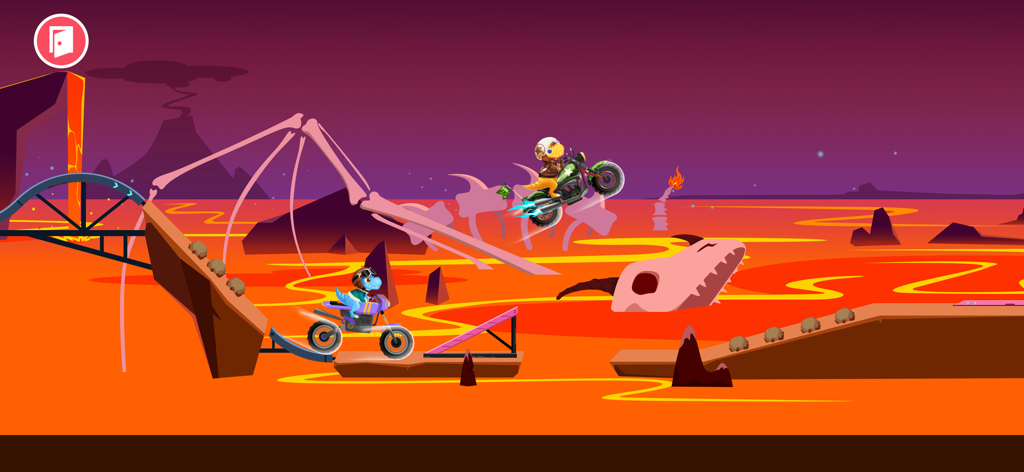 Dirt Bike Games Kids - Two cartoon dinosaurs racing dirt bikes across a volcanic landscape with lava and giant bones