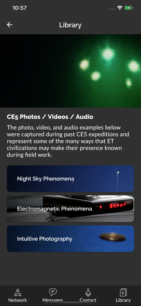 CE5 Contact - The library screen of the CE5 Contact app showing multimedia categories for night sky and electromagnetic phenomena evidence.