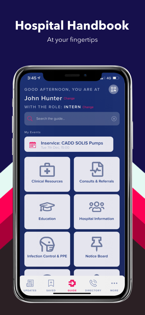 Med App - A smartphone screen displaying the Med App dashboard with medical resource categories like clinical resources and hospital information for medical interns.
