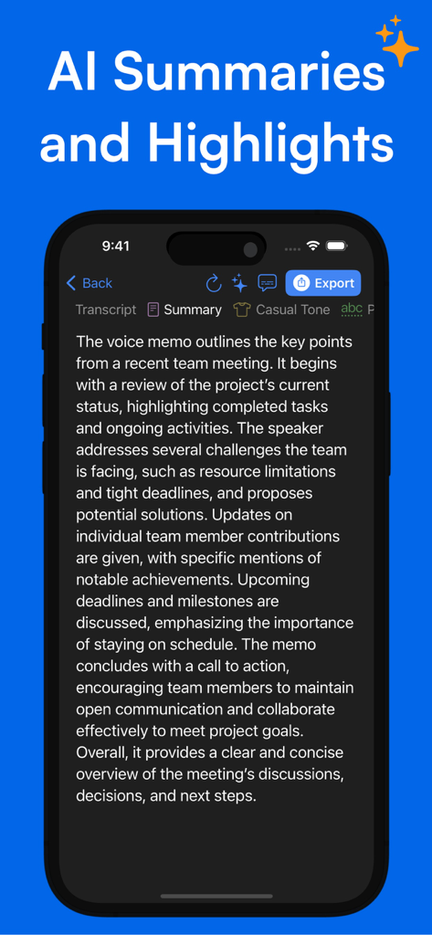 Spiik mobile app screen displaying an AI meeting summary