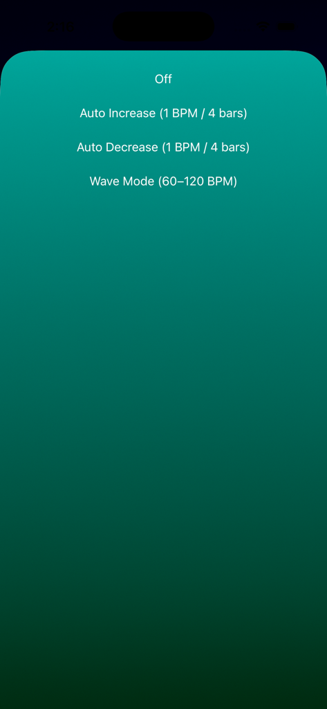 Metronome • Pro Tempo - Trainer Mode screen in the Metronome Pro Tempo app featuring auto increase and decrease BPM settings