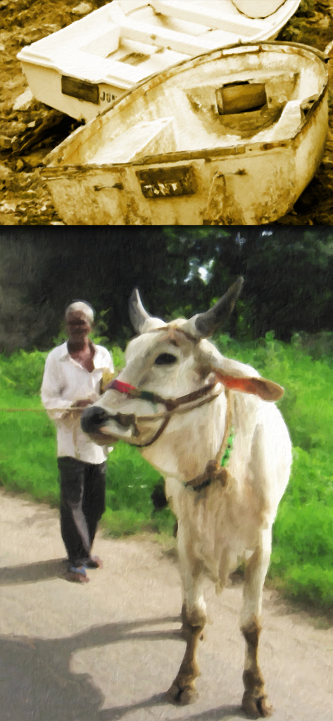 PhotoArtista - Oil - Examples of photos transformed into oil paintings showing boats on a shore and a man with a cow
