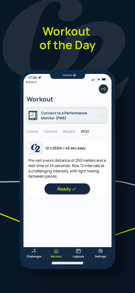 App ErgData che mostra la schermata dell'Allenamento del Giorno Concept2.