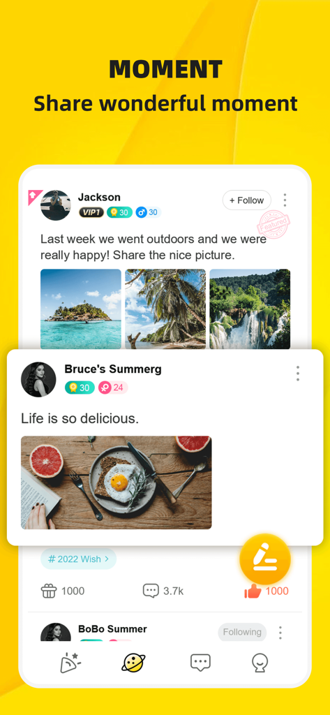 Ahlan TopOne-Group Voice Chat - Interfaz de la aplicación Ahlan TopOne que muestra el feed de momentos sociales donde los usuarios comparten fotos y publicaciones.