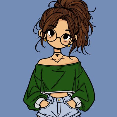girl with a messy ponytail glasses a baggy crop top and jean shorts