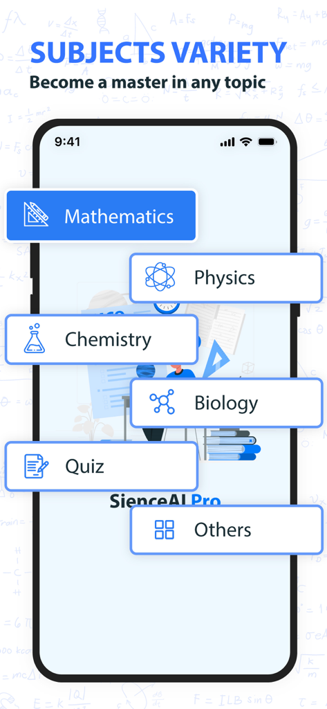 AI Homework Scanner & Helper - A mobile app screen showing a variety of academic subjects like mathematics physics chemistry and biology