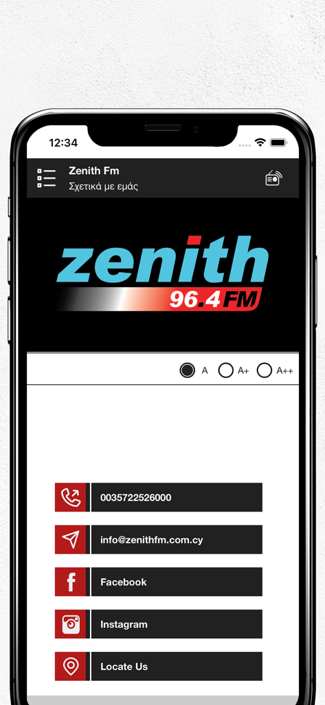 Zenith FM mobile app contact page with social media links and phone number
