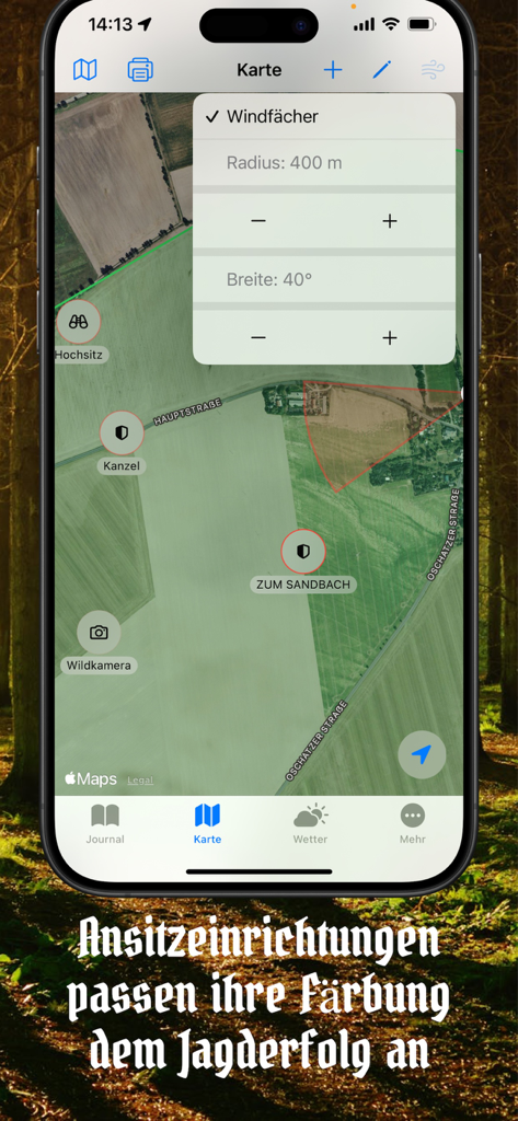 Waidwerk - iPhone display of the Waidwerk hunting app showing a map with wind fan settings and success-based color-coded hunting stand locations.
