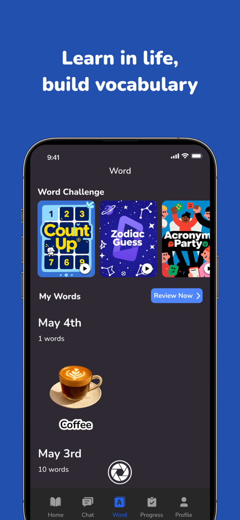 Voca AI app interface showing word games like Zodiac Guess and a daily vocabulary entry for the word coffee