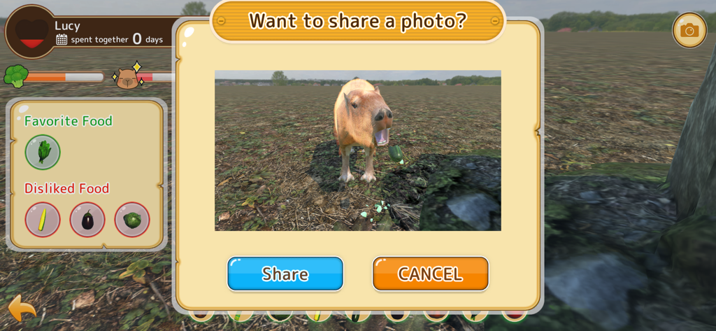 Capybara Spa - Capybara Spa game screenshot showing a photo sharing pop up with a capybara named Lucy and her food preferences