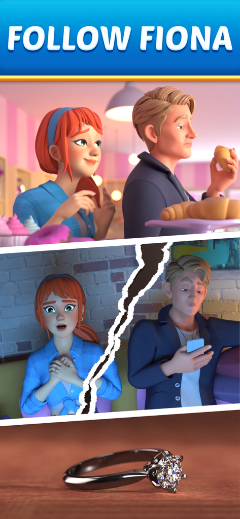 A dramatic narrative scene from Fionas Farm showing Fiona shocked during a breakup with an engagement ring in the foreground