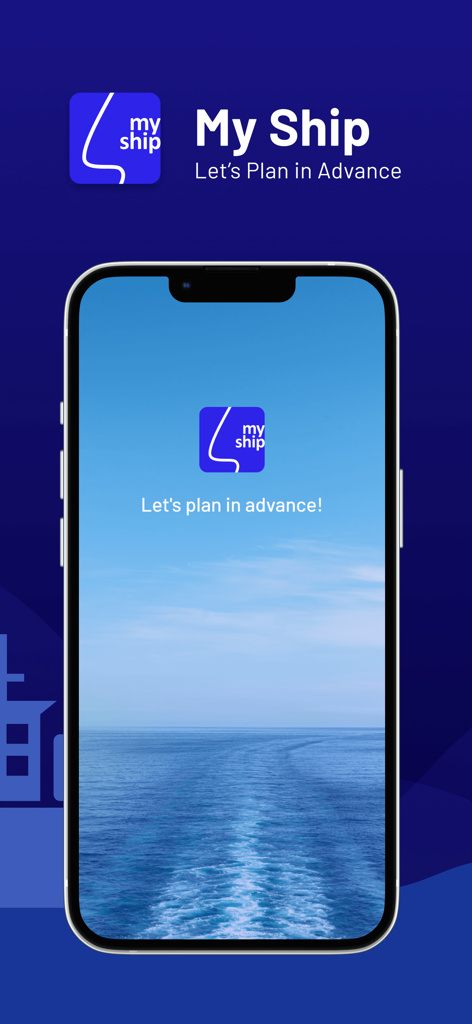 My Ship Info - Pantalla de presentación de la aplicación My Ship Info para la gestión de flotas marítimas con un fondo de océano y el lema Planifiquemos con Anticipación.