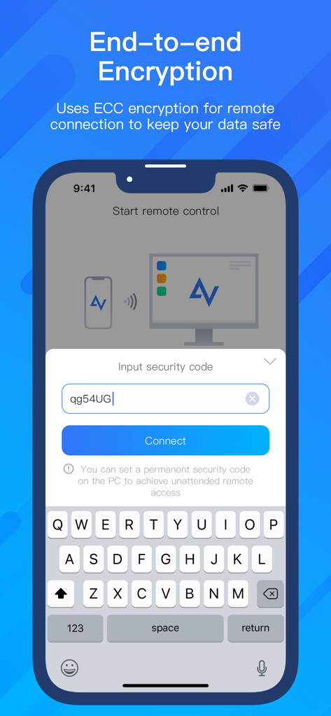 AnyViewer app interface showing end to end ECC encryption and security code input for a safe remote desktop session.
