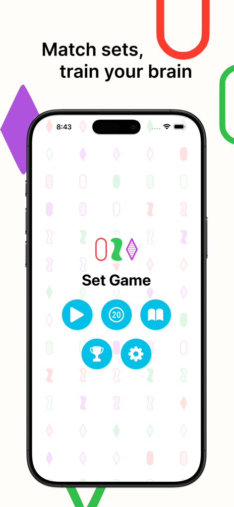 Set Game – Classic Card Puzzle - Set Game main menu on an iPhone screen displaying pattern matching puzzle options and brain training text