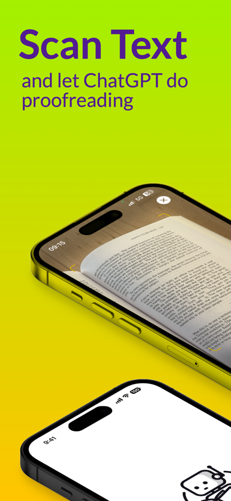 Interfaccia dell'app mobile Scanner Libri OCR su un iPhone che mostra una pagina di libro in fase di scansione con il testo Scansiona Testo e lascia che ChatGPT corregga le bozze.