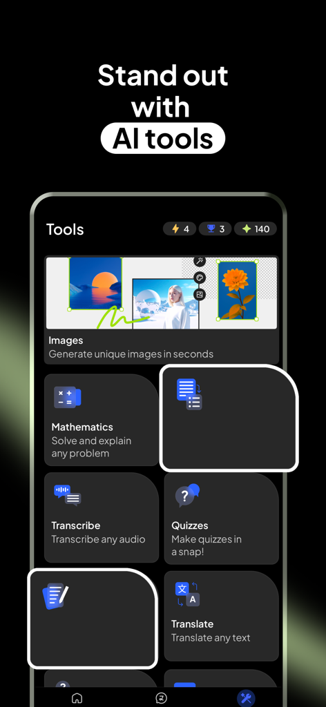 The tools menu of the Luzia app showing AI features for image generation, mathematics, audio transcription, quizzes, and translation.
