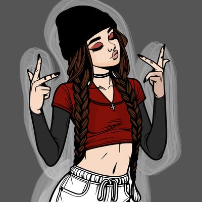 realistic teenage girl with braids and a beanie and crop top doing 🫶🏼