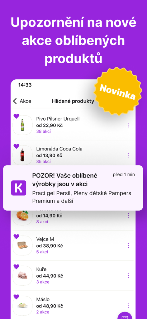 Kupi.cz - Rádce před nákupy - Smartphone screen showing Kupi.cz app notifications for deals on favorite grocery items