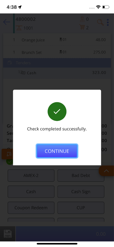 InfoGenesis POS Terminal app displaying a successful transaction completion message