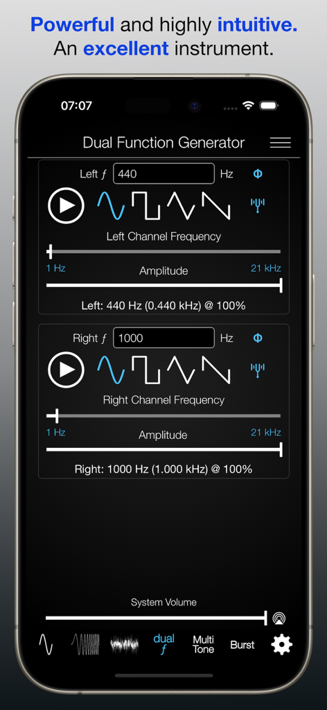 Screenshot of the Audio Function Generator app showing the dual channel interface for controlling left and right audio frequencies and waveforms.